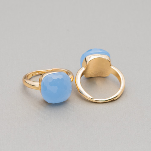 Bronze Ring With Cushion Cabochon Crystals 13mm Light Blue