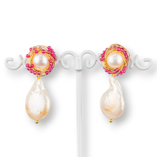 Boucles d'oreilles en argent 925 avec travail en bronze et pierres 16x38mm blanc rouge