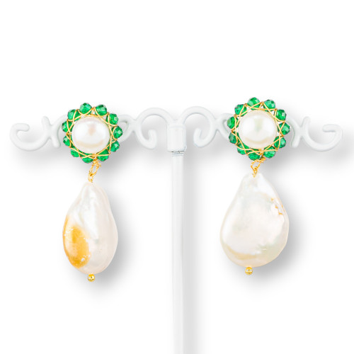 Boucles d'oreilles clous en argent 925 avec travail en bronze et pierres 16x38mm blanc vert