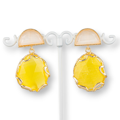 24x45mm Yellow White Cat's Eye Set Bronze Stud Earrings