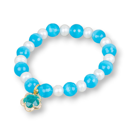 Elastic Bracelet Of 7mm Freshwater Pearls With Cat's Eye And Cabochon Pendant With Light Blue Zircons