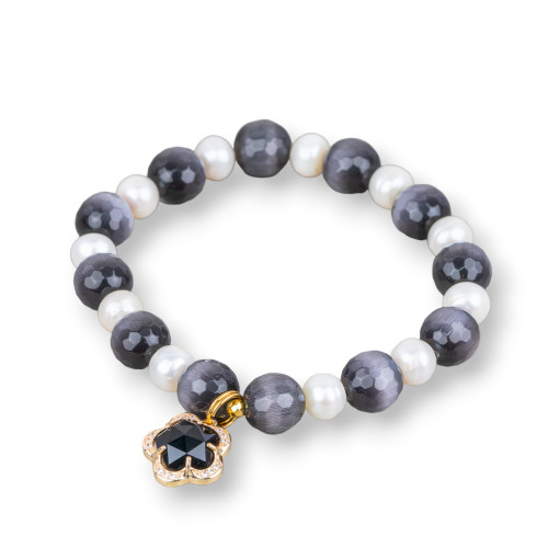 Elastic Bracelet Of 7mm Freshwater Pearls With Cat's Eye And Cabochon Pendant With Gray Zircons