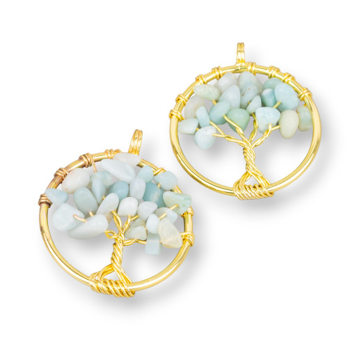 Pendentif Arbre de Vie avec Pierres Semi-précieuses 30mm 4pcs Amazonite Dorée