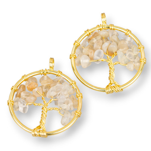 Pendentif Arbre de Vie avec Pierres Semi-précieuses 30mm 4pcs Citrine Dorée