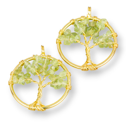 Tree of Life Pendant with Semiprecious Stones 30mm 4pcs Golden Peridot