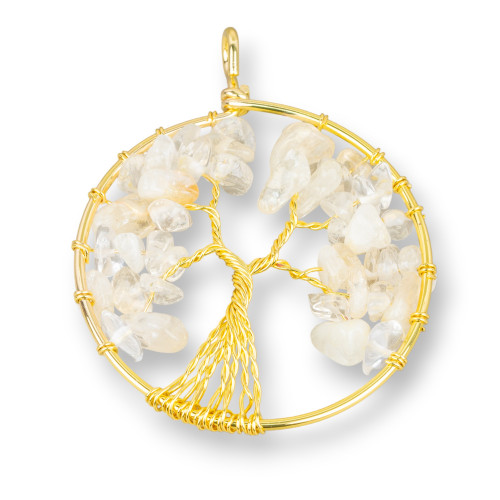 Pendentif Arbre de Vie avec Pierres Semi-Précieuses 50mm 2pcs Citrine Dorée