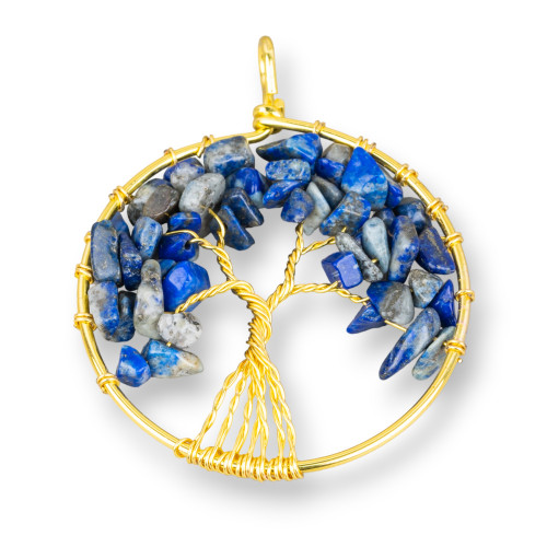 Pendentif Arbre de Vie avec Pierres Semi-précieuses 50mm 2pcs Lapis Lazuli Doré