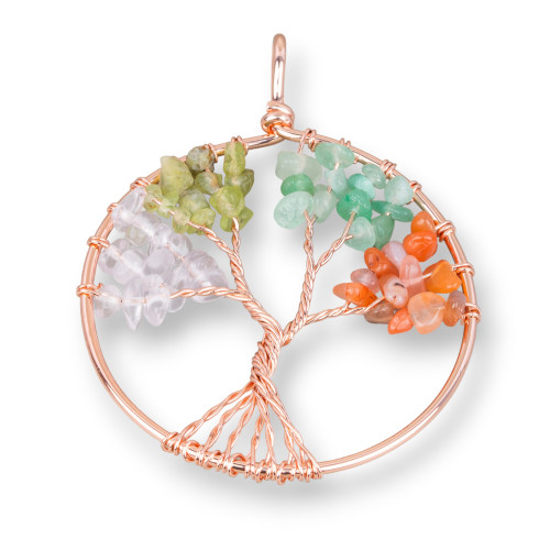 Pendentif Arbre de Vie Avec Pierres Semi-précieuses 50mm 2pcs Arc-en-ciel Or Rose