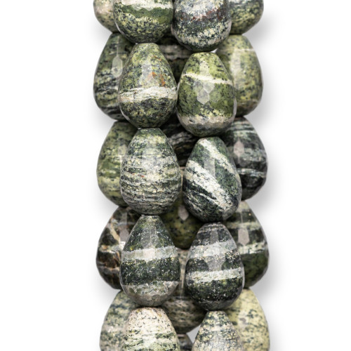 Green Serpentine Jasper with Faceted Briolette Drops 12x16mm