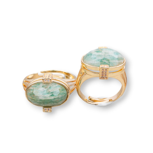 Bronze Ring With Semi-precious Stones And Zircons Set Oval 18x18mm Adjustable Size Golden Raw Amazonite