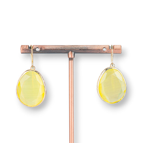 Bronze Leverback Earrings with Cat's Eye Mango Edged 14x30mm 1 Pair Yellow