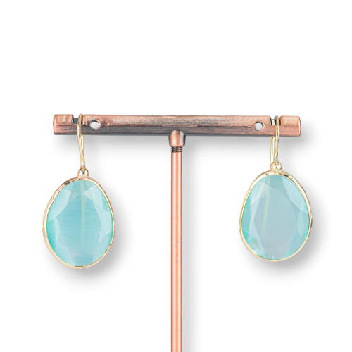 Bronze Leverback Earrings with Cat's Eye Mango Edged 18x36mm 1 Pair Aqua