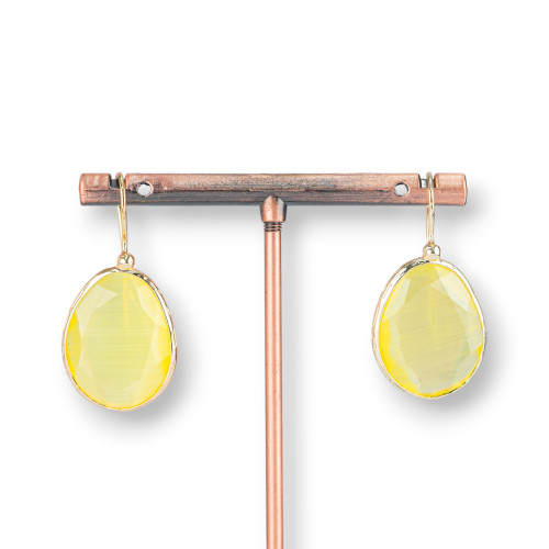 Bronze Leverback Earrings with Mango Edged Cat's Eye 18x36mm 1 Pair Yellow