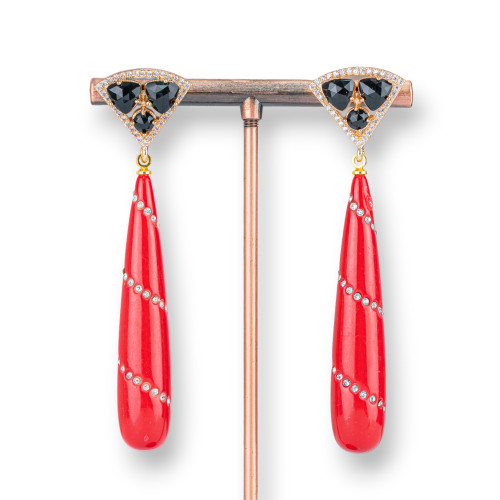 Pendientes De Bronce Con Ojo De Gato Engastados Con Gotas De Pasta De Circón 18x70mm Rojo