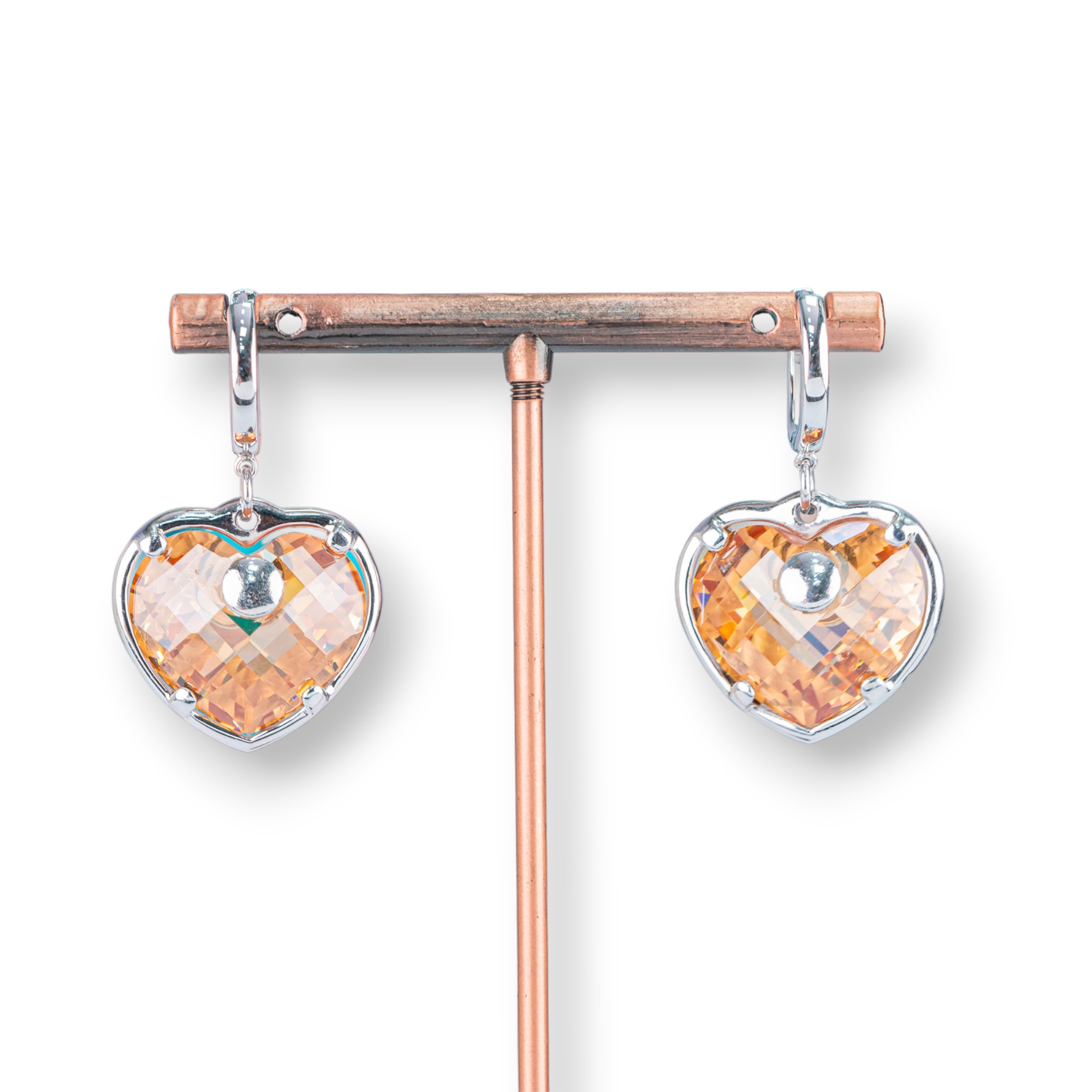 Orecchini Perno Di Argento 925 Con Zirconi CZ A Cuore Champagne 23x38mm