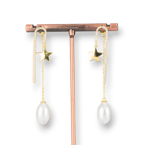 Ασημένια καρφωτά σκουλαρίκια 925 με ζιργκόν και αλυσίδα με μαργαριτάρια ποταμού 10x55mm Golden Star