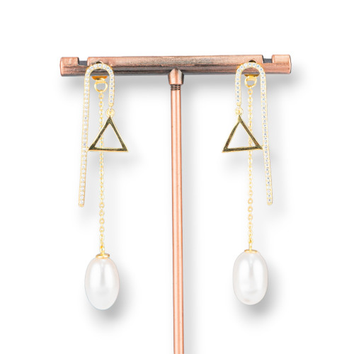 925 Silver Stud Earrings With Zircons And Chain With River Pearls 10x55mm Golden Triangle