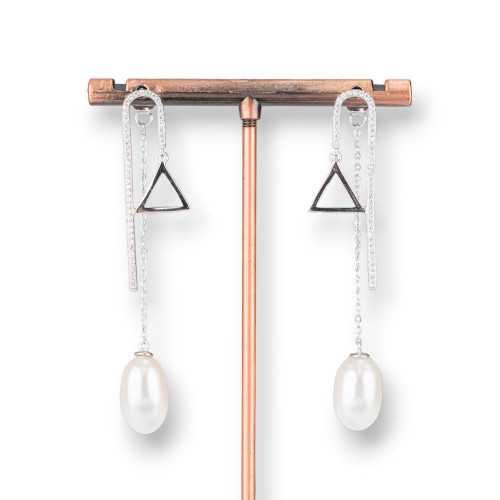 Boucles d'oreilles tiges en argent 925 avec zircons et chaîne avec perles de rivière Triangle plaqué rhodium 10x55mm