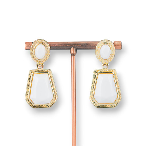 Boucles d'oreilles clous bronze avec pendentifs oeil de chat 20x42mm agate blanche dorée