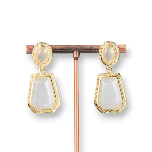 Boucles D'oreilles Puces Bronze Avec Pendentifs Oeil De Chat 20x42mm Blanc Doré