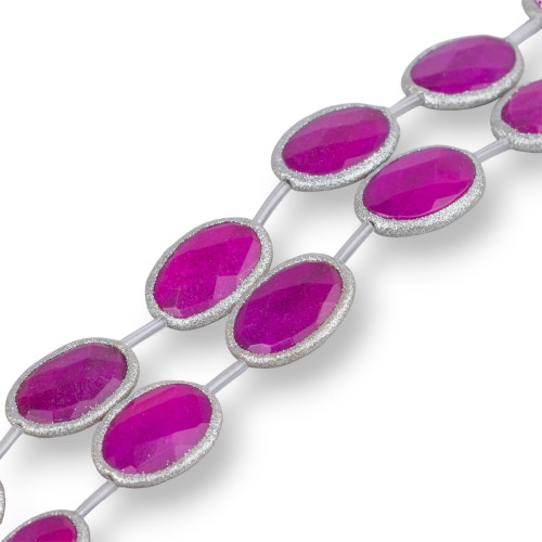 Fuchsia Jade Strand Beads Oval Flat Faceted with Glitter 25x34mm 6pcs Silver