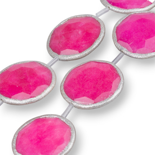 Cuentas redondas planas de hilo de jade fucsia con brillo 45 mm de plata 6 piezas