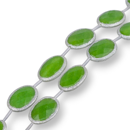 Green Peridot Jade Strand Beads Flat Oval Faceted with Glitter 22x28mm 8pcs Silver