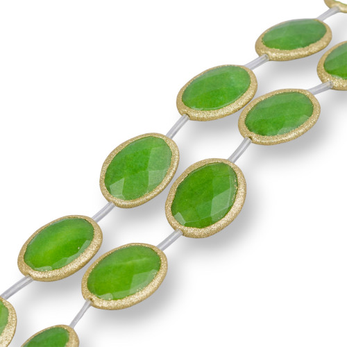 Green Peridot Jade Strand Beads Flat Oval Faceted with Glitter 22x28mm 8pcs Golden