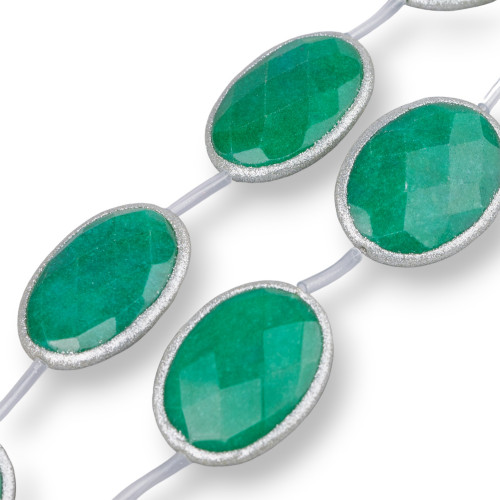 Emerald Green Jade Strand Beads Oval Flat Faceted with Glitter 34x44mm 5pcs Silver