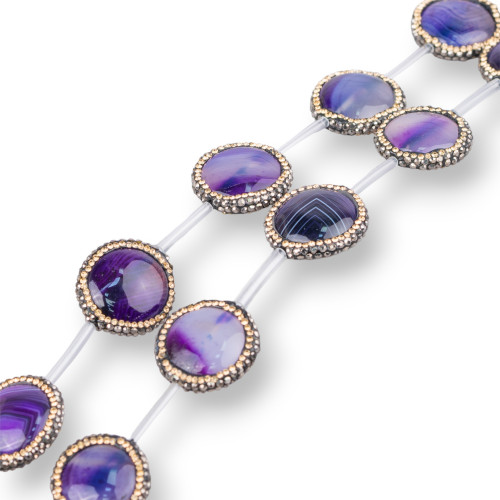 Marcasite Strand Beads Strass Purple Striated Agate Round Flat 22mm 10pcs