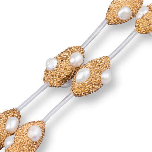 Μαρκασίτης Χάντρες Rhinestone Strand Barrel With Pearls 23x35mm Μεγάλο 6τμχ Χρυσό