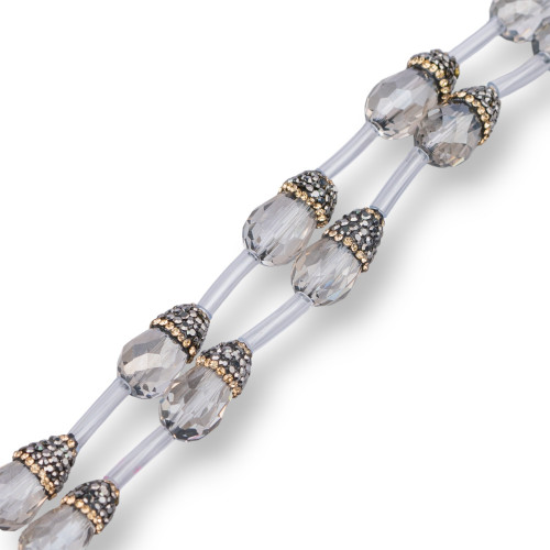 Markasit-Strassstrang-Perlen mit facettierten Briolette-Tropfenkristallen, 10 x 20 mm, 12 Stück, Rauchgrau