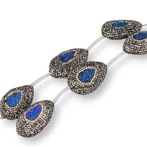 Marcasite Strass Beads with Blue Druzi and Mother of Pearl Flat Drop 23x32mm 5τμχ