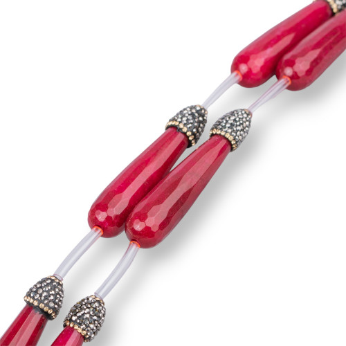 Perline a Filo Di Marcasite Strass Con Giada Rubellite Gocce Briolette Sfaccettate 12x53mm 5pz