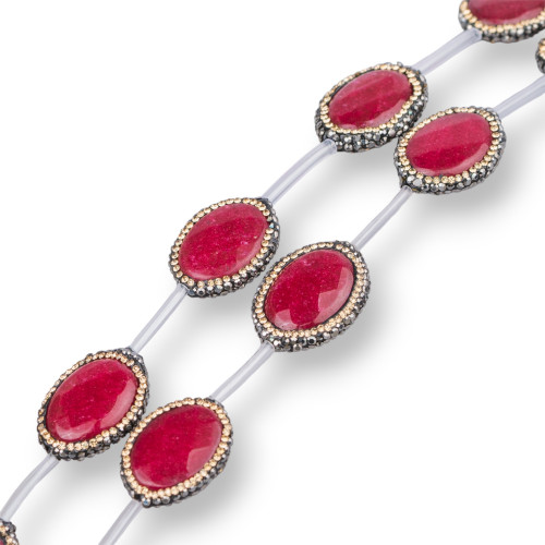 Perline a Filo Di Marcasite Strass Con Giada Rubellite Ovale Piatto Sfaccettato 18x24mm 9pz