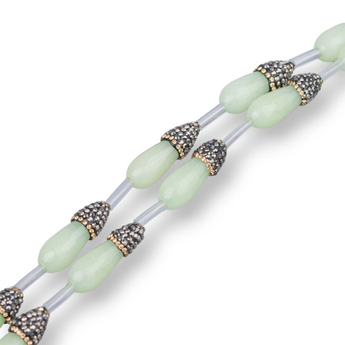 Perles en fil de marcassite avec strass et gouttes de jade vert pomme, briolette à facettes 10x25mm, 10 pièces