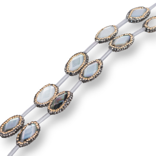 Perles en fil de marcassite avec strass et nacre noire, ovales, plates, à facettes, 12x20mm, 12 pièces