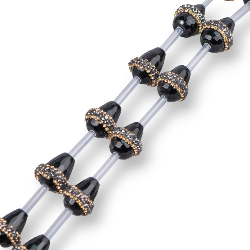 Marcasite Rhinestone Strand Beads With Onyx Drops Briolette Faceted 12x14mm 13pcs