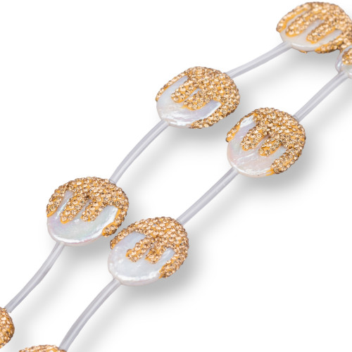 Markasit-Strassstrang-Perlen mit flachen barocken Flussperlen, 20–25 mm, 8 Stück, goldfarben
