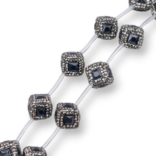 Marcasite Rhinestone Cube Strand Beads with Stones 16mm 10pcs Black