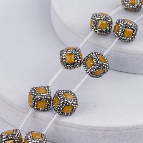 Μαρκασίτης Rhinestone Cube Strand Beads with Stones 16mm 10τμχ Μαύρη Μουστάρδα Κίτρινο
