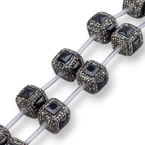 Perline a Filo Di Marcasite Strass Cubo Con Pietre 18mm 10pz Nero