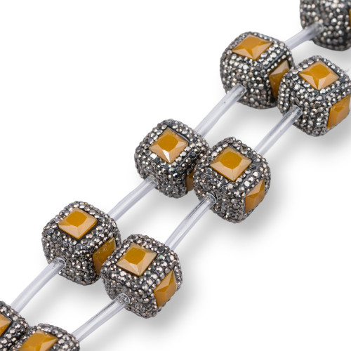 Marcasite Rhinestone Cube Strand Beads with Stones 18mm 10pcs Mustard Black