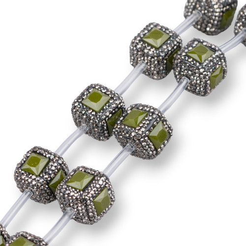 Marcasite Rhinestone Cube Strand Beads with Stones 18mm 10pcs Black Green