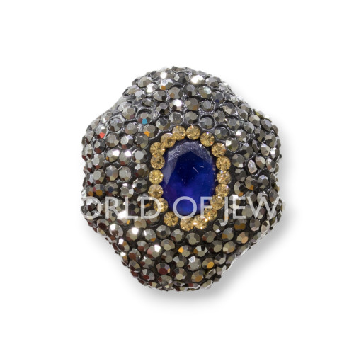 Marcasite Rhinestone Hexagon Strand Beads 25mm 8pcs Black with Blue Stone