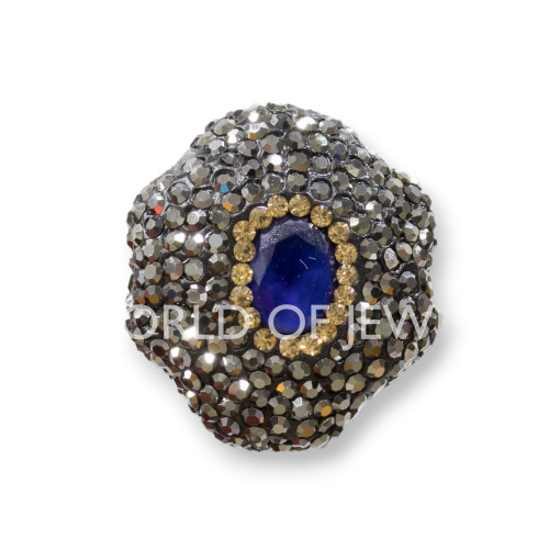 Perline a Filo Di Marcasite Strass Esagono 25mm 8pz Nero Con Pietra Blu