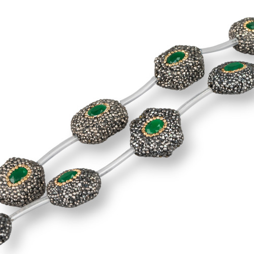 Perline a Filo Di Marcasite Strass Esagono 25mm 8pz Nero Con Pietra Verde