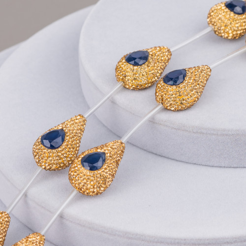 Marcasite Strass Beads Strass Drops 20x28mm 7pcs Golden Blue Sapphire