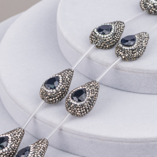 Marcasite Rhinestone Strand Beads Drops 20x28mm 7pcs Black Blue Sapphire and White