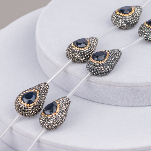 Marcasite Strass Strass Beads Drops 20x28mm 7τμχ Μαύρο Μπλε Ζαφείρι και Χρυσό